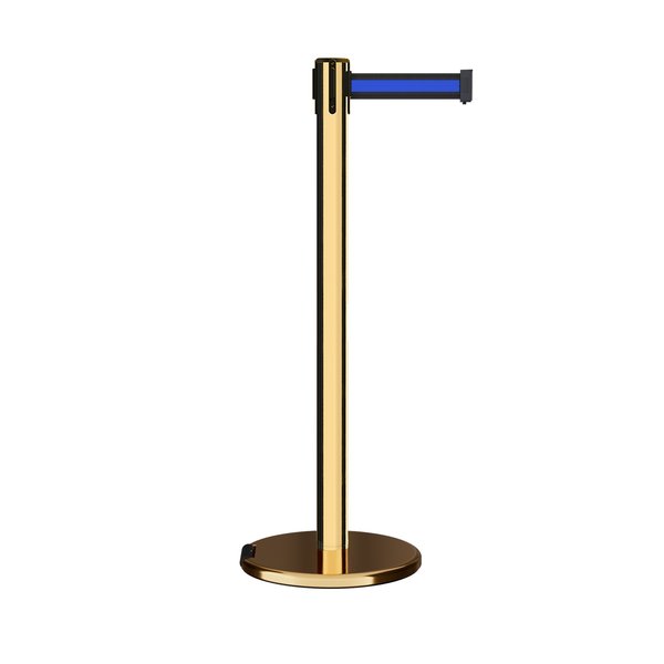 Montour Line Retractable Belt Rolling Stanchion, 2.5ft Pol.Brass Post  9ft. Bk/Bl ME630-PB-BBH-90